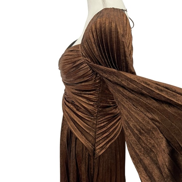 Acler Auroa Midi Dress Metallic Twist Front Pleated Bronze Size 6 NEW - Picture 10 of 16